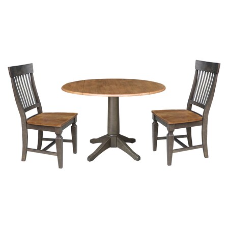 International Concepts Round Round 42 in. Dual Drop Leaf Dining Table with 2 Slatback Chairs in Hickory/Washed Coal, Wood K45-42DPT-27B-C65-2